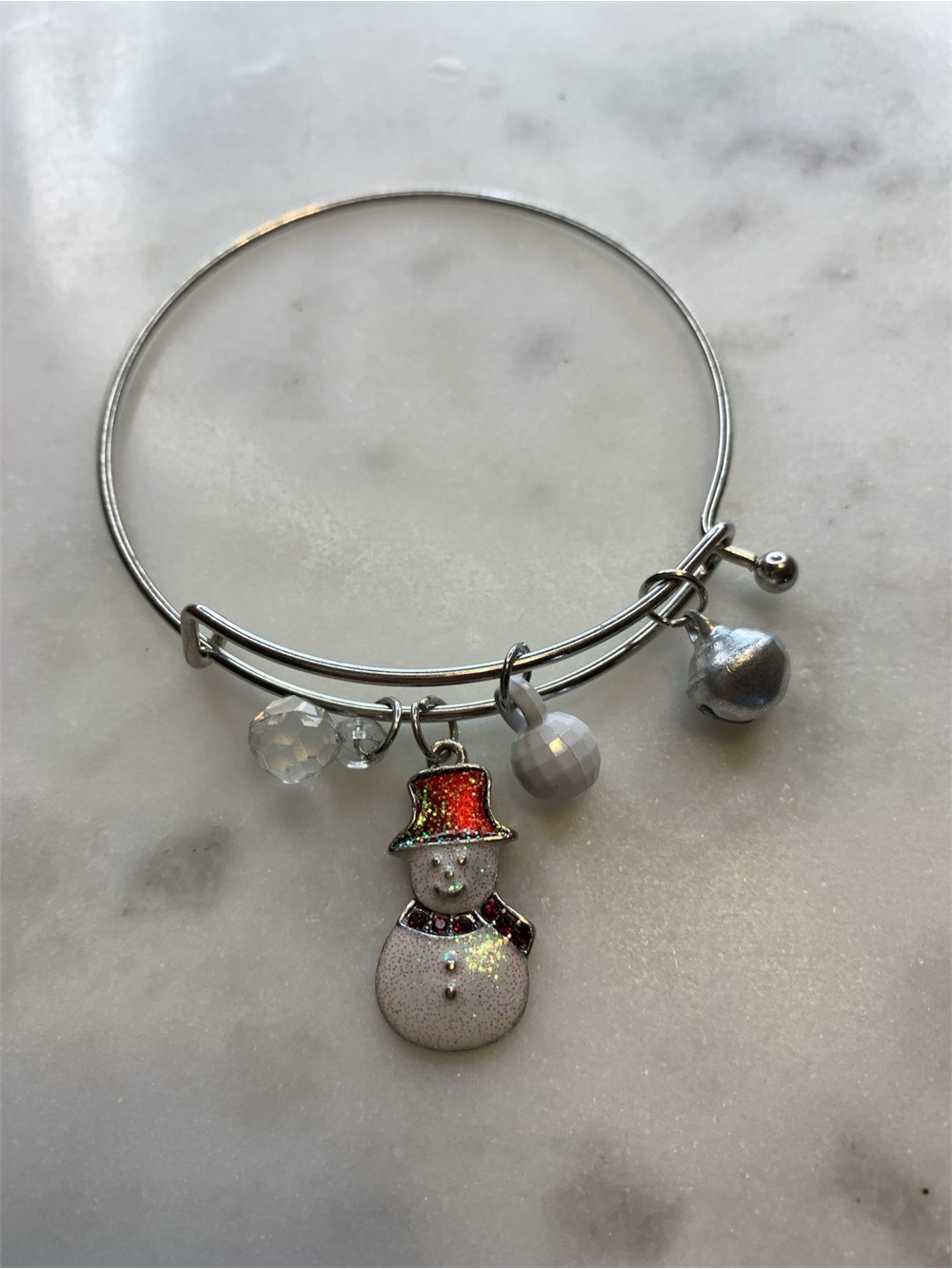 Silver Snowman Charm Bangle Bracelet in White and Red